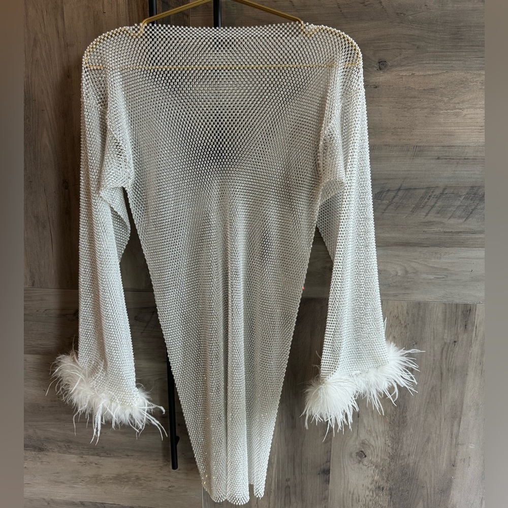 SPARKLY RHINESTONE FEATHER SLEEVE LONG SLEEVE SHEER MINI DRESS - WHITE